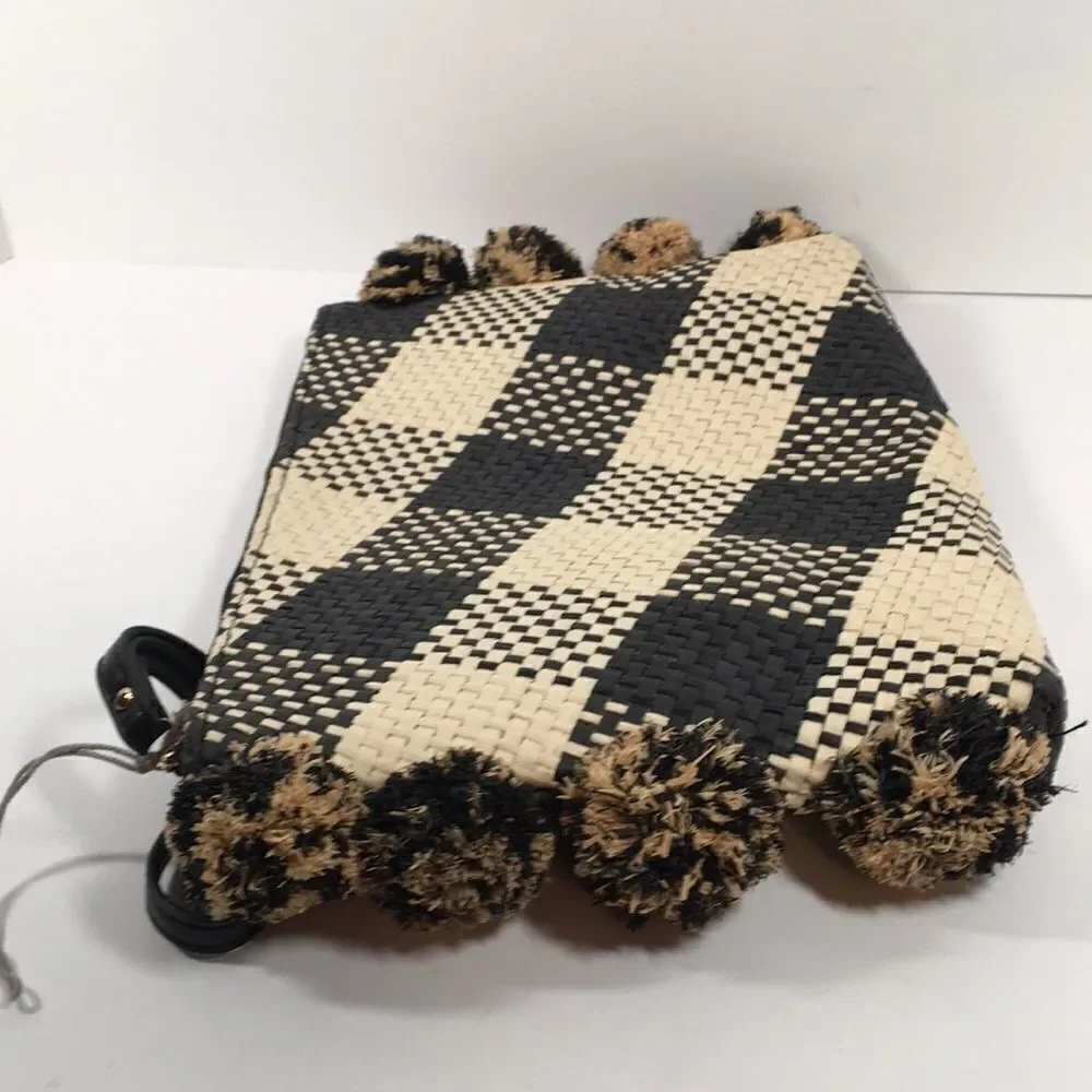 A New Day Straw Rafia Black and Creme Pom Pom Clutch Wristlet